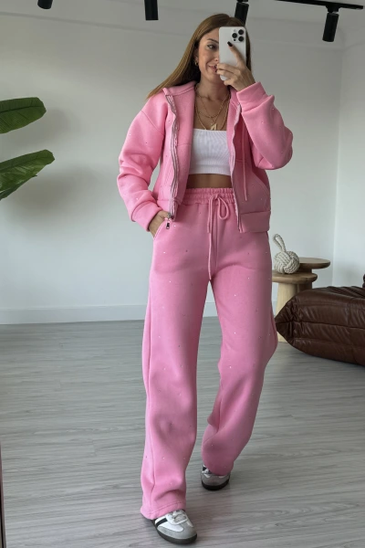 Pembe Fermuarlı Taş İşlemeli Premium Takım