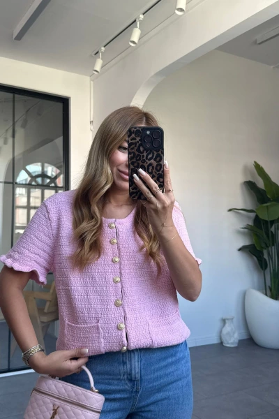 PEMBE GOLD DÜĞMELİ KISA KOL TRİKO HIRKA