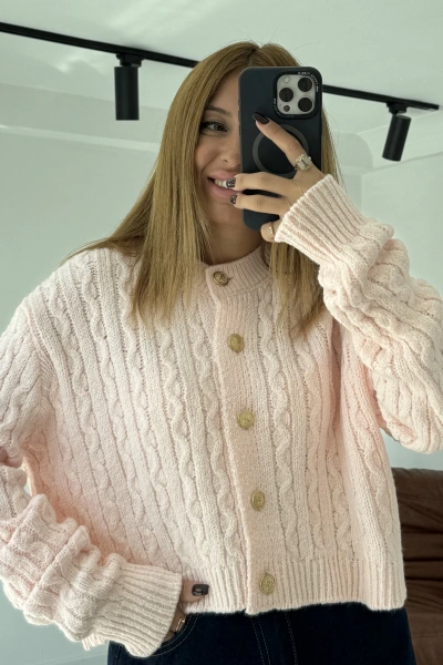 Pembe Örgü Model Gold Düğmeli Yumoş Hırka