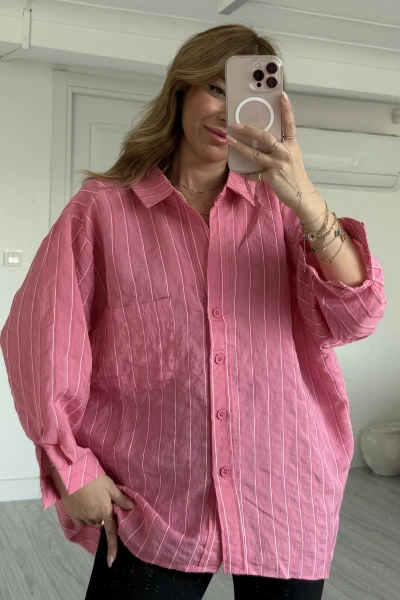 Pembe Oversize V Yaka Düşük Omuz Gömlek