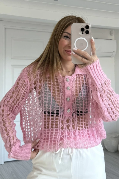 Pembe Polo Yaka Taş Düğmeli Ajurlu Triko Kazak