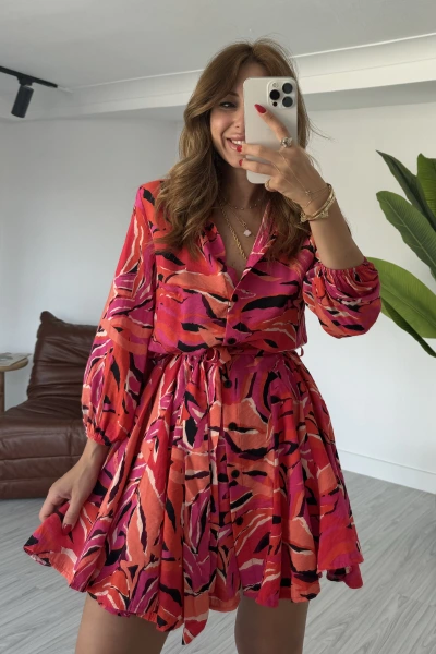 Pembe Renkli Desenli Orjinal Marka Elbise