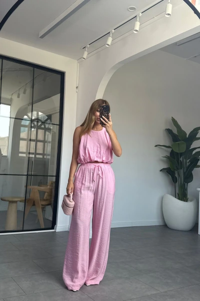 PEMBE SIFIR KOL CROP PANTOLON TAKIM