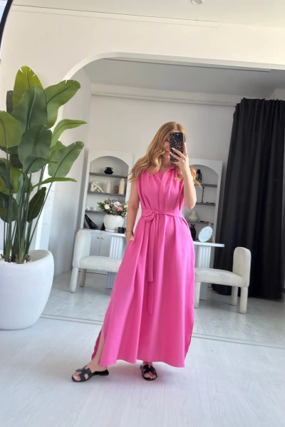 pembe sıfır kol gömlek elbise