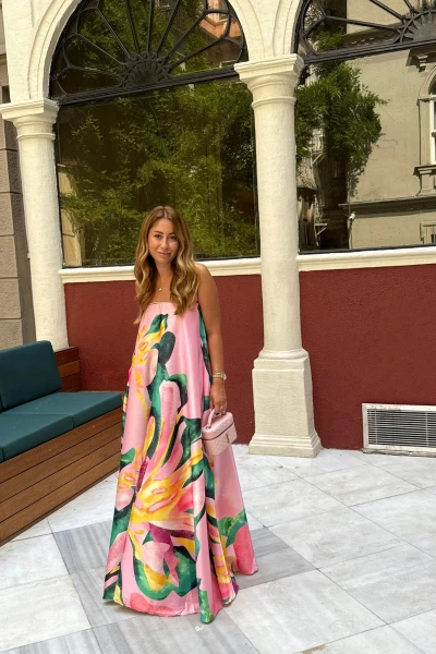 PEMBE STRAPLEZ CEPLİ SATEN ELBİSE