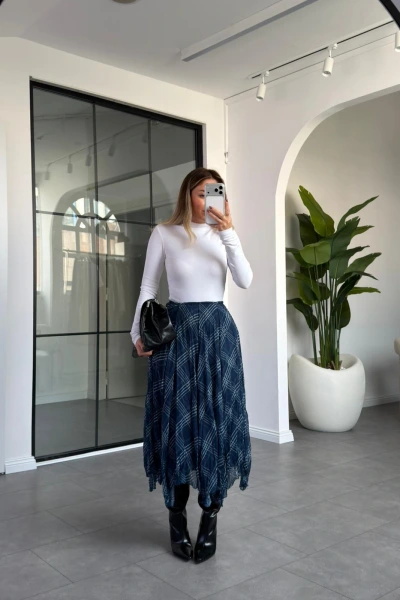 PETROL ŞİFON EKOSE DESENLİ ASİMETRİK ETEK