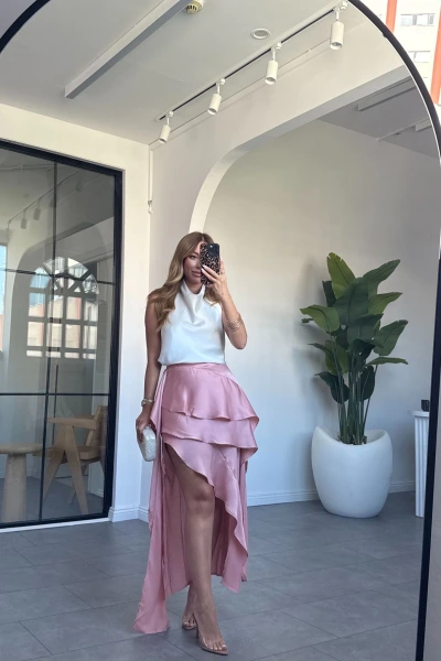 PUDRA ASİMETRİK KESİM SATEN ETEK