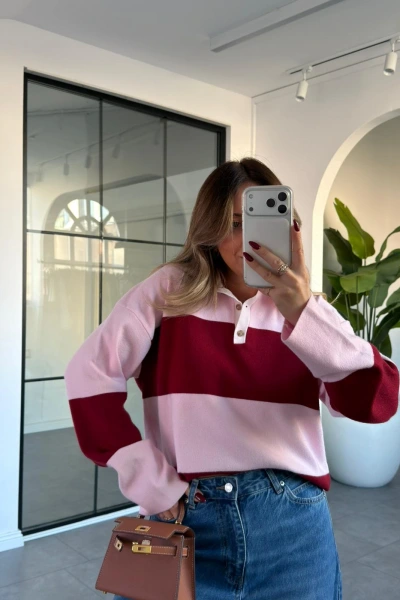 PUDRA BORDO ÇİZGİLİ POLO YAKA KAZAK