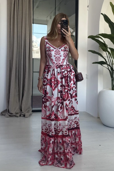 RENKLİ DESENLİ UZUN ASKILI ELBİSE