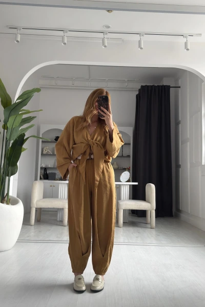 Safran hasır kuşaklı bağlamalı takım