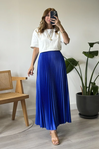 Saks Mavi Piliseli Uzun Etek