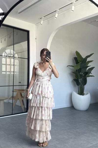 SARI FIRFIR ÇİÇEK DESEN ELBİSE