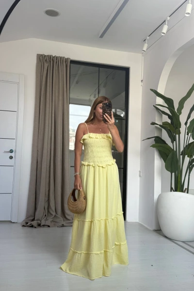 SARI İP ASKI MÜSLİN ELBİSE