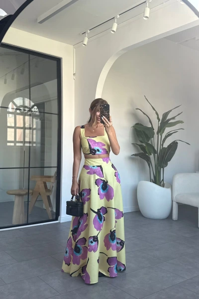 SARI KARIŞIK DESEN CROP ETEK TAKIM