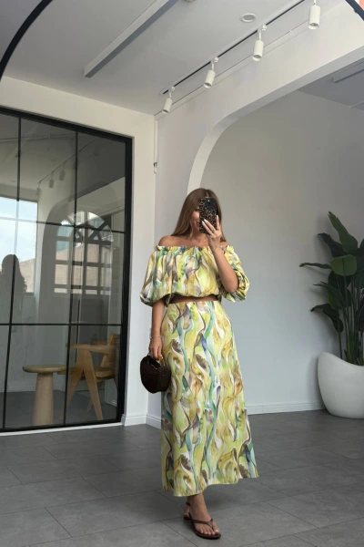 SARI KARIŞIK DESEN BALON KOL CROP ETEK TAKIM