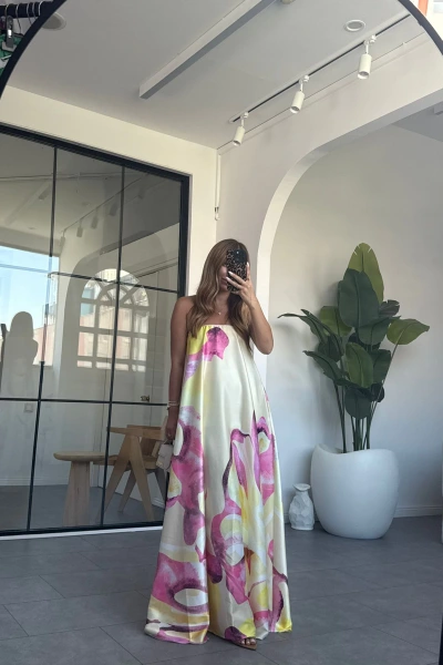 SARI STRAPLEZ CEPLİ SATEN ELBİSE