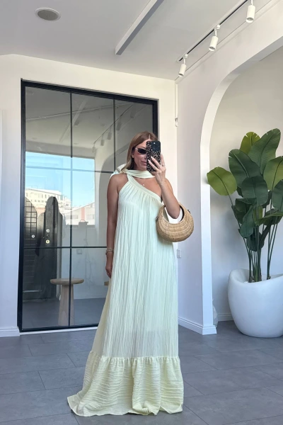 SARI TEK OMUZ BAĞLAMALI ELBİSE