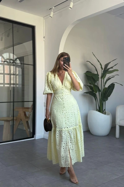 SARI V YAKA BALON KOL FİSTO ELBİSE