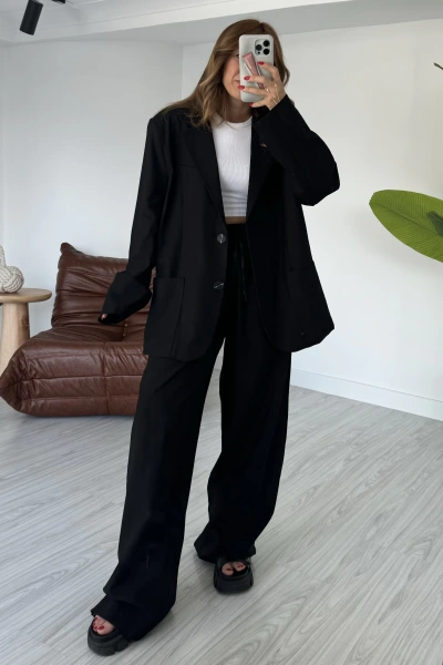 Siyah %100 Keten Pamuk Ceketli Takım