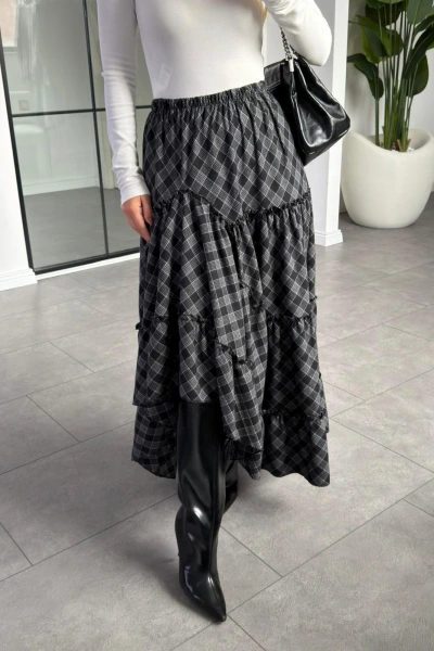 SİYAH ANTRASİT EKOSE DESENLİ ASİMETRİK ETEK