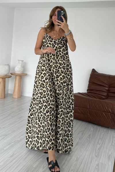 Siyah Askılı Leopar Desen Elbise