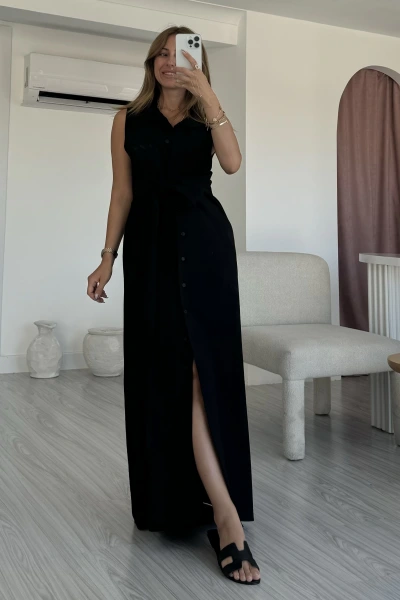 Siyah Bağlamalı Gömlek Elbise