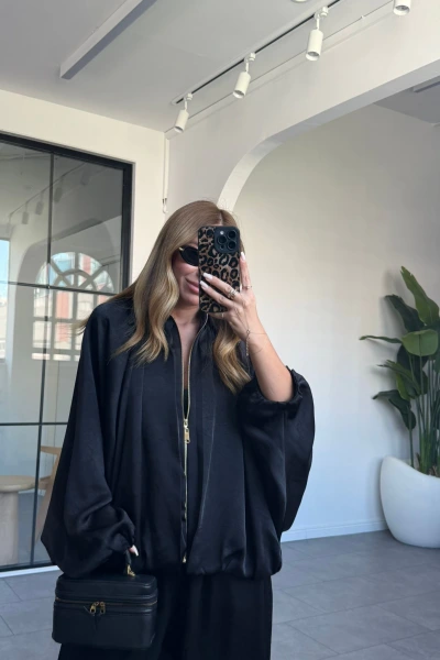 SİYAH BOMBER SATEN CEKET