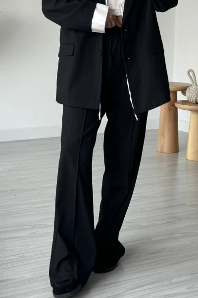 Siyah Beli Bağlamalı Nervür Pantolon