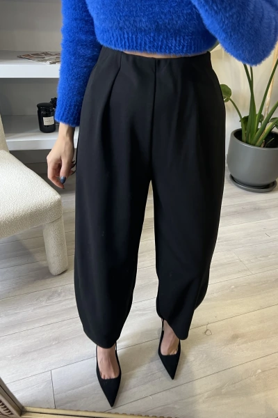 Siyah Beli Lastıklı Şalvar Kesim Krep Pantolon
