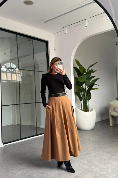 SİYAH CAMEL KEMER DETAY ELBİSE