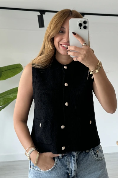 Siyah Çelik Örme Bisiklet Yaka Düğmeli Yelek