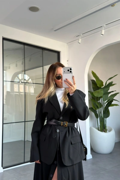 SİYAH ÇİFT CEPLİ KRUVAZE YAKA CEKET