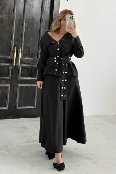 Siyah Çıt Çıt Kemerli Etekli Takım