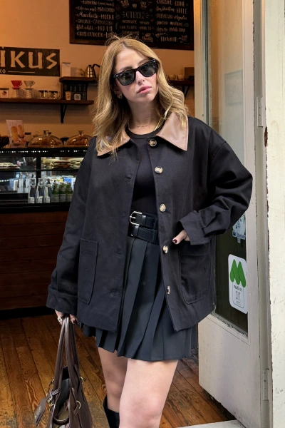 Siyah Deri Yaka Marka Model Astarlı Ceket