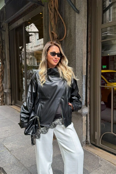 SİYAH DİK YAKA KRUVAZE DERİ CEKET