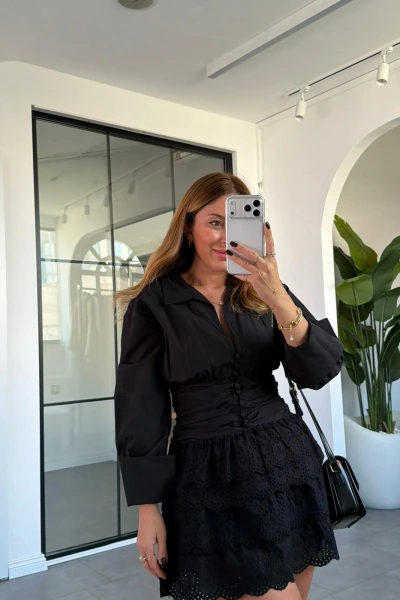 SİYAH DRAPE DETAY GÜPÜRLÜ ELBİSE