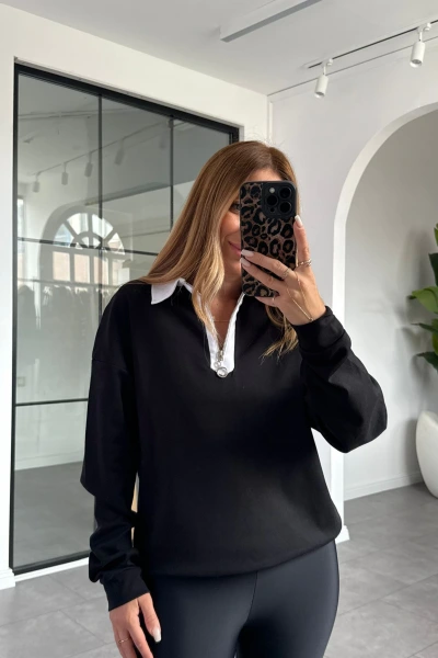 SİYAH FERMUARLI SWEATSHIRT
