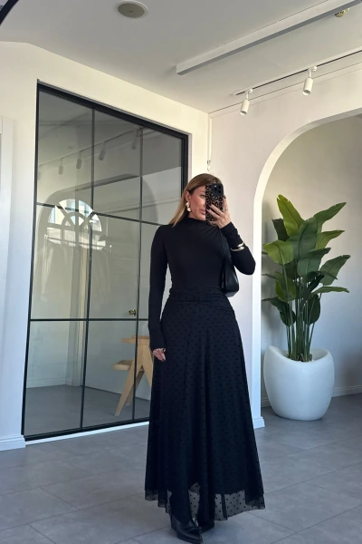 SİYAH FLOK BASKI PUANTİYELİ ETEK