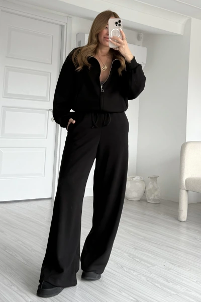 Siyah Gizli Fermuarlı Cepli Bol Paça Takım