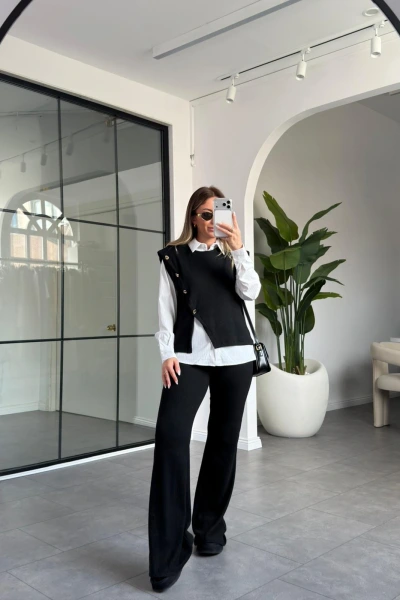 SİYAH GOLD DÜĞME DETAYLI ÜÇLÜ TAKIM