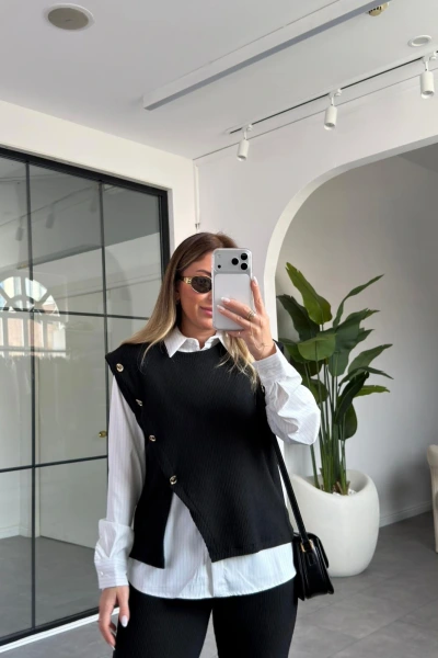 SİYAH GOLD DÜĞME DETAYLI ÜÇLÜ TAKIM