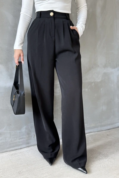 Siyah Gold Düğmeli Pileli Palazzo Pantolon