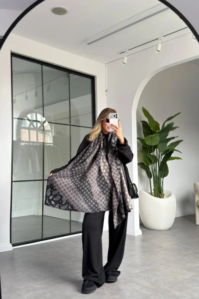 SİYAH GRİ ETNİK DESEN KALIN ŞAL