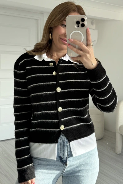 Siyah İnce Çizgili Gömlek Detaylı Hırka