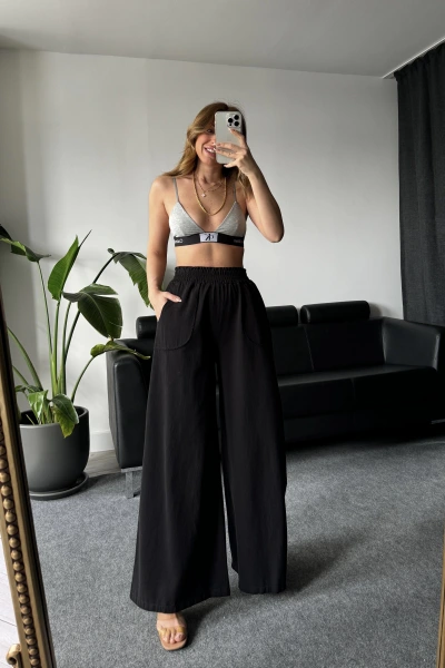 Siyah Gabardin Beli Lastikli Pantolon