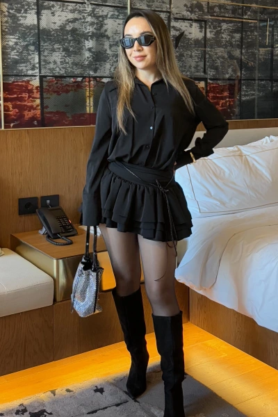 Siyah Jana Kemerli Katkat Elbise