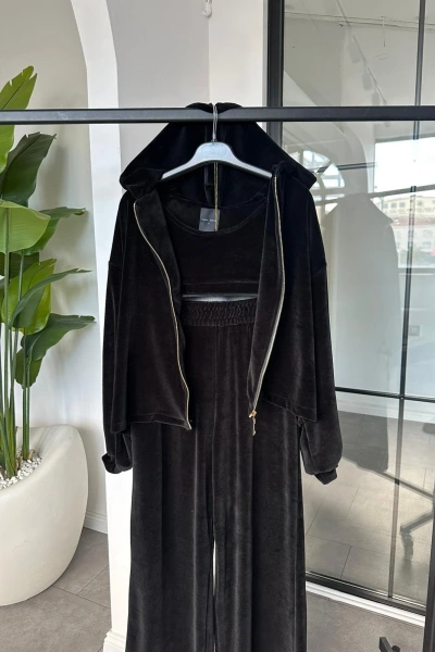 SİYAH KADİFE ÜÇLÜ TAKIM