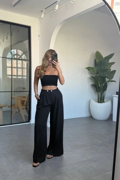 SİYAH İKİ DÜĞMELİ DÖKÜMLÜ PALAZZO PANTOLON