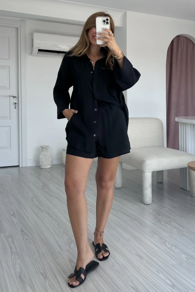 Siyah Kalın Manşet Şortlu Takım