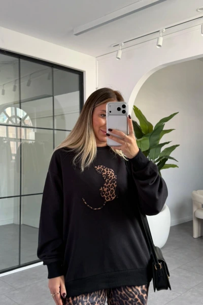 SİYAH KAPLAN DESEN SWEATSHİRT